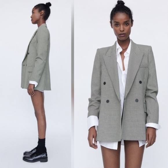 Zara Double breasted Checked Blazer Black White M - Picture 2 of 11